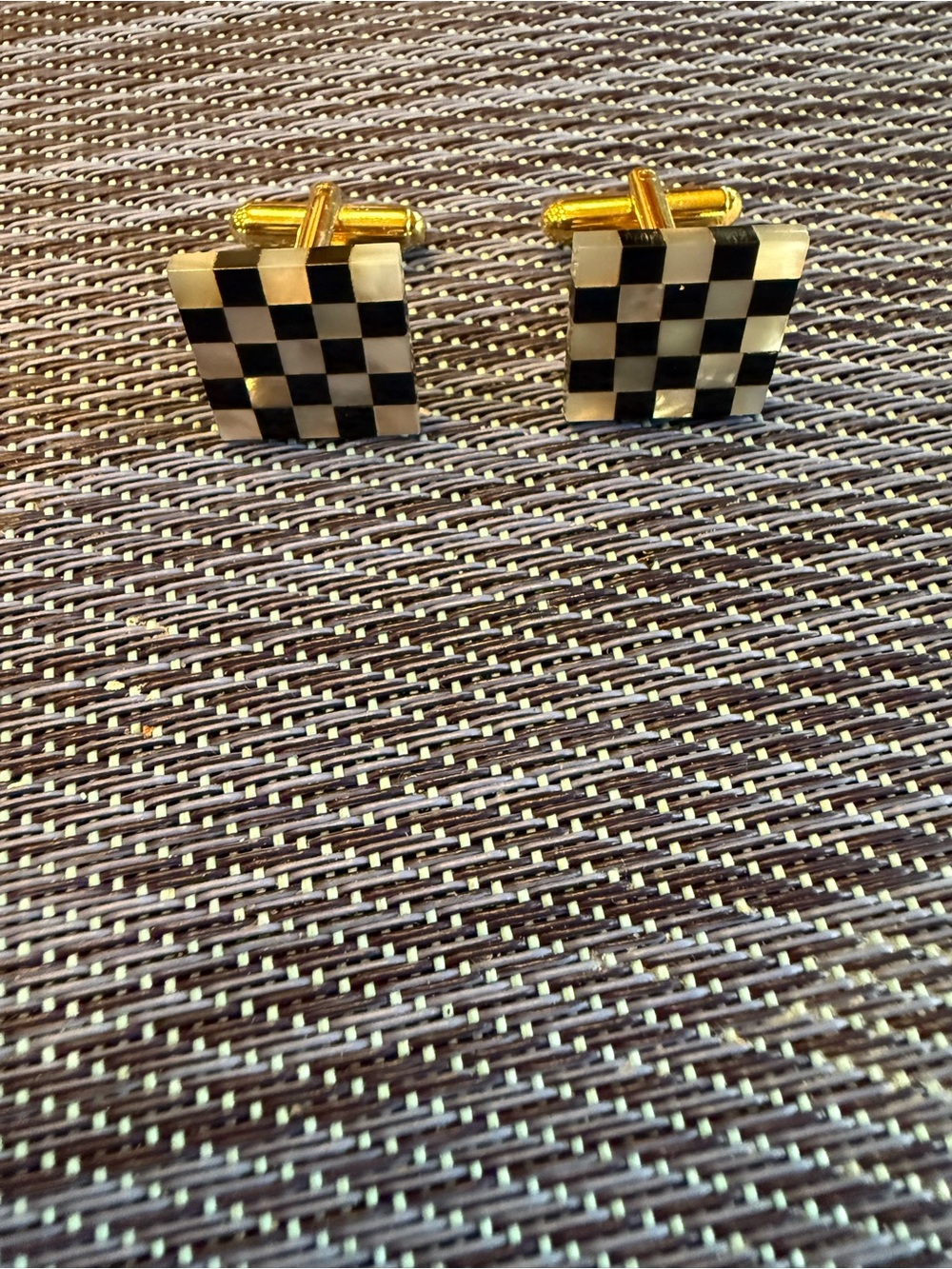 Vintage gold - tone black-and-white, checkerboard cufflinks
